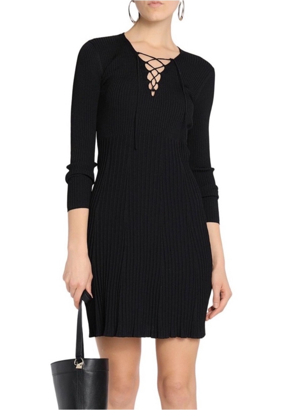 Sandro Black Ribbed Lace-Up Long Sleeve Knit Dress